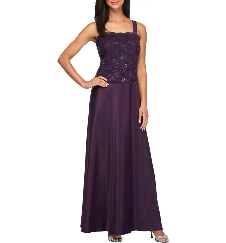  Alex Evenings Sequin Lace & Satin Gown with Jacket_EGGPLANT