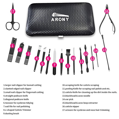  Manicure Pedicure Set, Arony 17 in 1 Stainless Steel Manicure Pedicure Kit, Manicure Kit, Nail Clipper Set, Professional Grooming Kit, Nail Tools with Luxurious Leather Travel Case