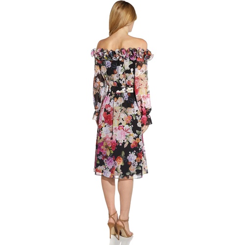  Adrianna Papell Printed Chiffon Flora Off-the-Shoulder Ruffle Dress with Long Sleeves