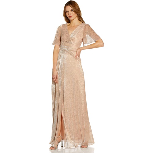  Adrianna Papell Metallic Mesh Draped Gown with Flutter Sleeves