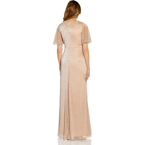  Adrianna Papell Metallic Mesh Draped Gown with Flutter Sleeves