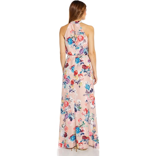  Adrianna Papell Floral Satin Jacquard Halter Neck Gown