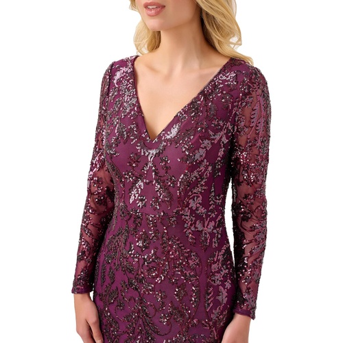  Adrianna Papell Long Sleeve Stretch Sequin Mermaid Gown