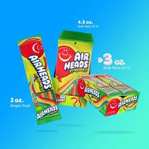  Airheads Xtremes Belts Sweetly Sour Candy, Halloween Treat, Rainbow Berry, Non Melting, Bulk Movie Theater and Party Bag, 3 oz (Pack of 12)