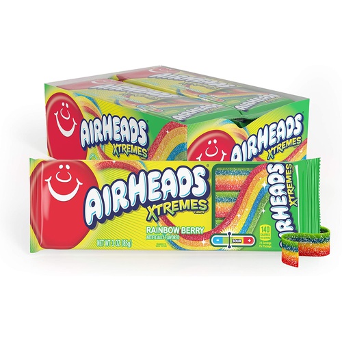  Airheads Xtremes Belts Sweetly Sour Candy, Halloween Treat, Rainbow Berry, Non Melting, Bulk Movie Theater and Party Bag, 3 oz (Pack of 12)