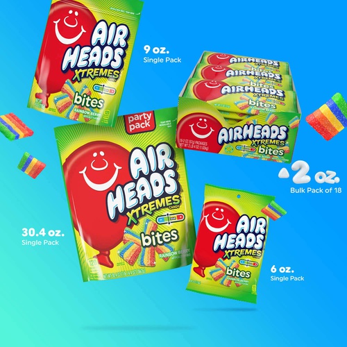  Airheads Xtremes Bites Sweetly Sour Candy Pack, Rainbow Berry, Party, Non Melting, 2 Ounce (Bulk Pack of 18)