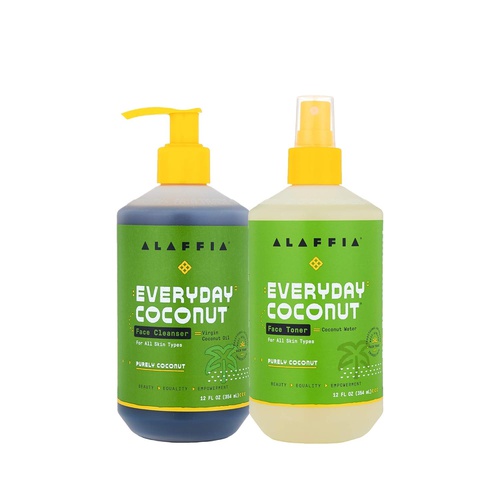  Alaffia Purely Coconut Face Value Set: Coconut & Neem Face Wash 12 oz, Coconut Water & Neem Face Toner 12 oz