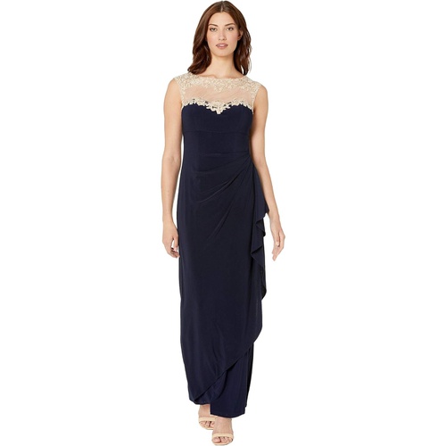  Alex Evenings Long Sleeveless Side Ruched Dress with Embroidered Sweetheart Illusion Neckline