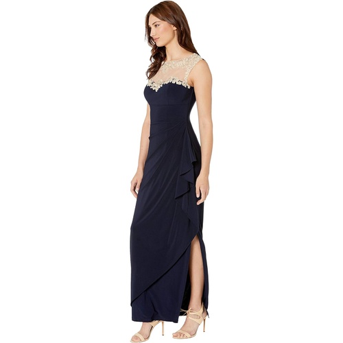  Alex Evenings Long Sleeveless Side Ruched Dress with Embroidered Sweetheart Illusion Neckline