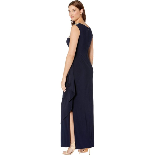  Alex Evenings Long Sleeveless Side Ruched Dress with Embroidered Sweetheart Illusion Neckline