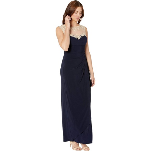  Alex Evenings Long Sleeveless Side Ruched Dress with Embroidered Sweetheart Illusion Neckline