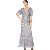 Alex Evenings Long V-Neck A-Line Dress with Cold Shoulder Flutter Sleeves