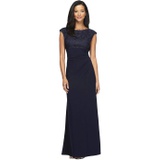 Alex Evenings Long Cap Sleeve Empire Waist Dress with Embroidered Lace Bodice