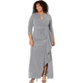 Alex Evenings Long Keyhole Neck Metallic Knit Gown with 3u002F4 Sleeves Side Shirred Skirt