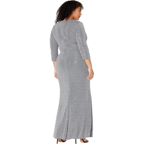  Alex Evenings Long Keyhole Neck Metallic Knit Gown with 3u002F4 Sleeves Side Shirred Skirt
