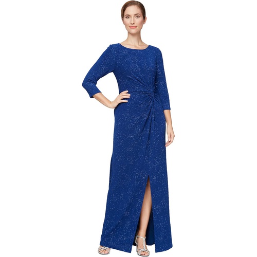  Alex Evenings Long Glitter Knit Knot Front Dress with Front Slit