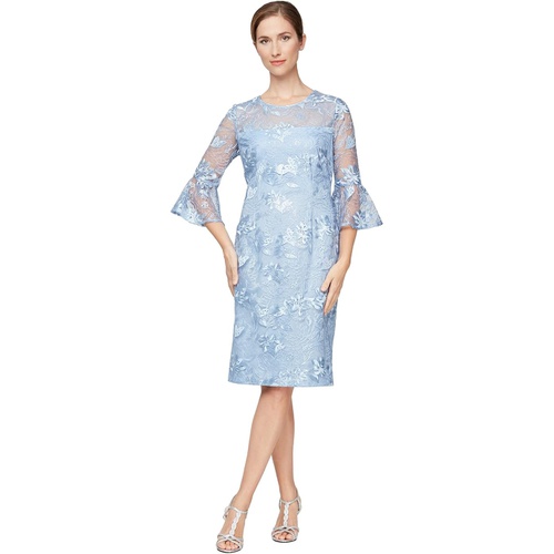  Alex Evenings Short Embroidered Sheath Dress with Illusion Neckline and 3u002F4 Bell Sleeves
