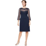 Alex Evenings Short Sheath Dress with Embroidered and Embellished Illusion Neckline and Bell Sleeves