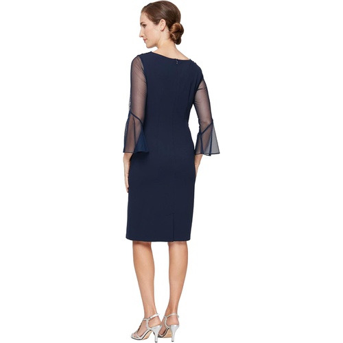  Alex Evenings Short Sheath Dress with Embroidered and Embellished Illusion Neckline and Bell Sleeves