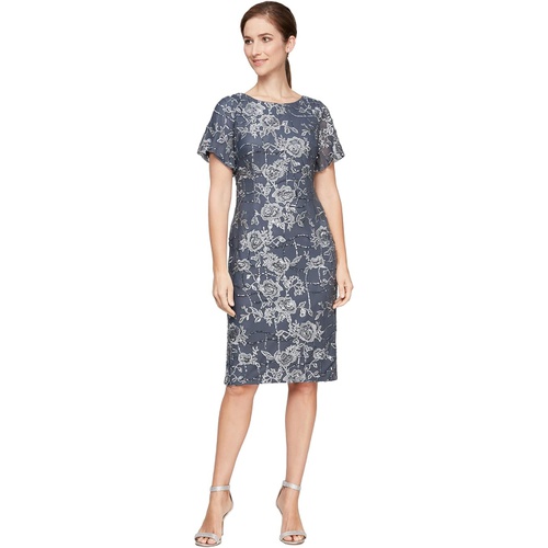  Alex Evenings Short Embroidered Sheath Dress wu002F Flutter Sleeves