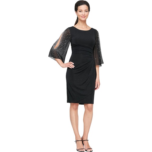  Alex Evenings Short Sheath Dress with Embellished Illusion Split Sleeves and Skirt