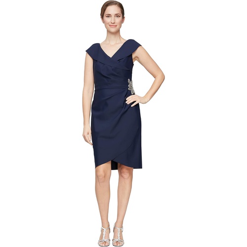  Alex Evenings Short Sheath Dress with Portrait Collar with Embellished Cascade Detail Skirt