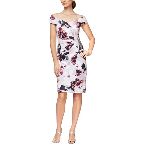  Alex Evenings Short Printed Off-the-Shoulder Sheath Dress