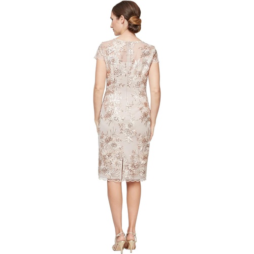  Alex Evenings Midi Length Embroidered Cap Sleeve Dress with Illusion Neckline and Scallop Detail Hem