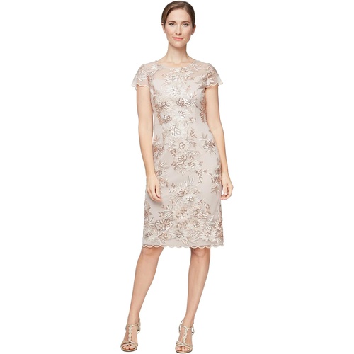  Alex Evenings Midi Length Embroidered Cap Sleeve Dress with Illusion Neckline and Scallop Detail Hem