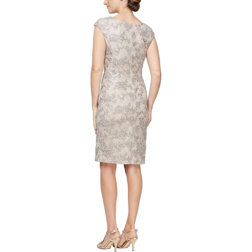  Alex Evenings Short Embroidered V-Neck Sheath Dress with Cap Sleeves