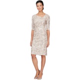 Alex Evenings Short Embroidered Sheath Dress with L-Shape Neckline and Elbow Sleeve
