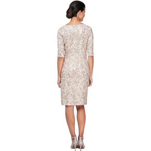  Alex Evenings Short Embroidered Sheath Dress with L-Shape Neckline and Elbow Sleeve