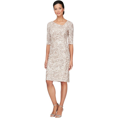  Alex Evenings Short Embroidered Sheath Dress with L-Shape Neckline and Elbow Sleeve