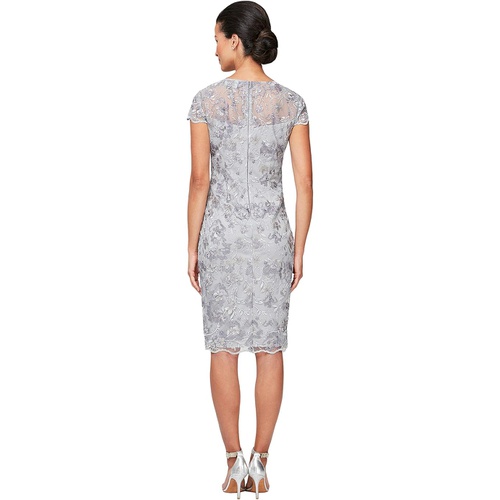  Alex Evenings Short Embroidered Sheath Dress with Illusion Neckline and Scallop Detail