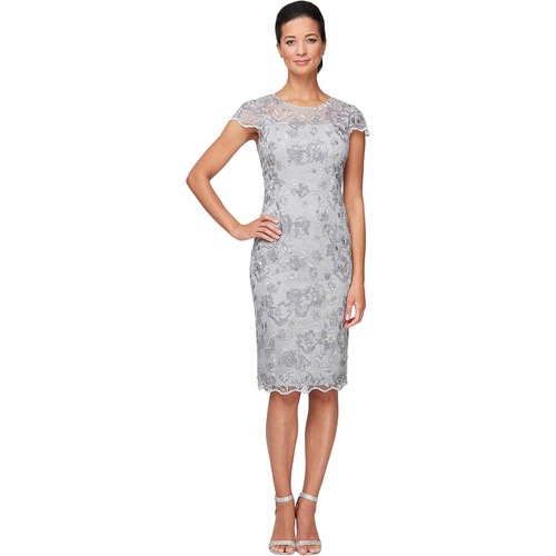  Alex Evenings Short Embroidered Sheath Dress with Illusion Neckline and Scallop Detail