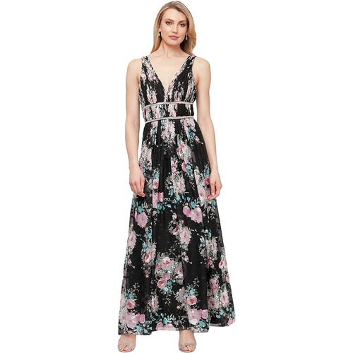  Alex Evenings Long Printed Sleeveless Maxi Dress with V Neckline Waist Detail and Skirt