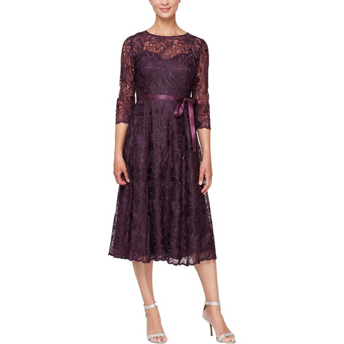  Alex Evenings Midi Length Embroidered A-Line Dress with Tie Belt