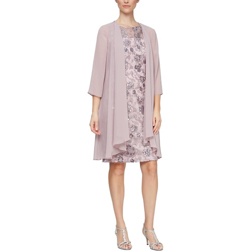  Alex Evenings Short Embroidered Dress with Elongated Illusion Jacket