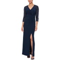 Alex Evenings Long Surplice Neckline Dress wu002F Knot Front, Embroidered Illusion Sleeves