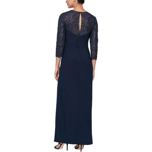  Alex Evenings Long Surplice Neckline Dress wu002F Knot Front, Embroidered Illusion Sleeves