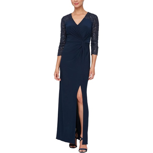  Alex Evenings Long Surplice Neckline Dress wu002F Knot Front, Embroidered Illusion Sleeves