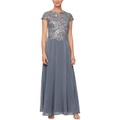 Alex Evenings Long A-Line Mock Dress with Embroidered Sequin Cap Sleeve Bodice