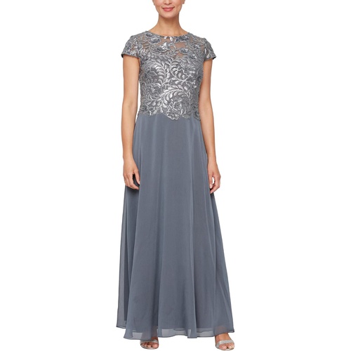  Alex Evenings Long A-Line Mock Dress with Embroidered Sequin Cap Sleeve Bodice