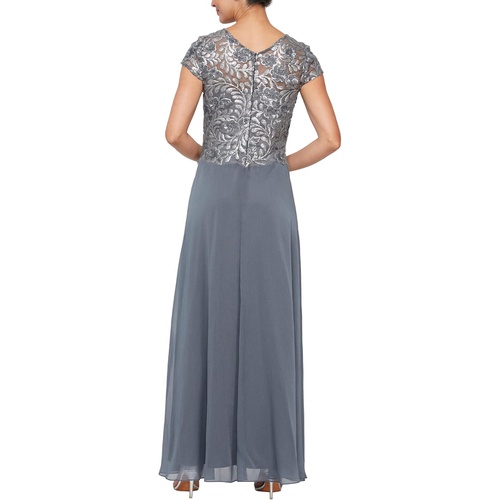  Alex Evenings Long A-Line Mock Dress with Embroidered Sequin Cap Sleeve Bodice