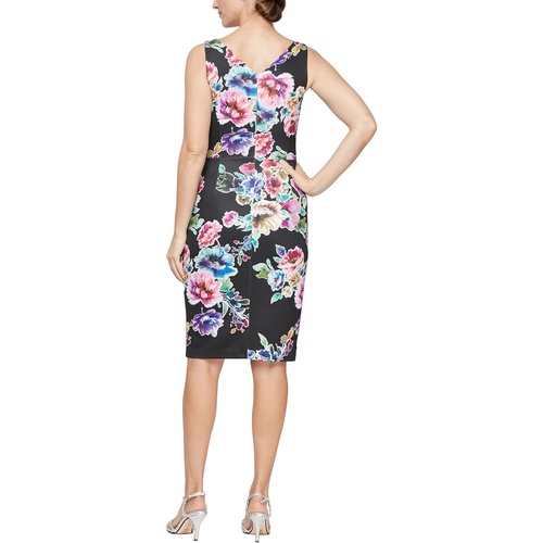  Alex Evenings Short Printed Sheath Dress with Surplice Neckline and Cascade Skirt Detail