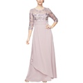 Alex Evenings Long A-Line Dress with Embroidered Sequin Pleated Waist and Overlay Skirt