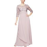 Alex Evenings Long A-Line Dress with Embroidered Sequin Pleated Waist and Overlay Skirt
