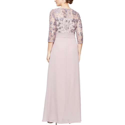  Alex Evenings Long A-Line Dress with Embroidered Sequin Pleated Waist and Overlay Skirt