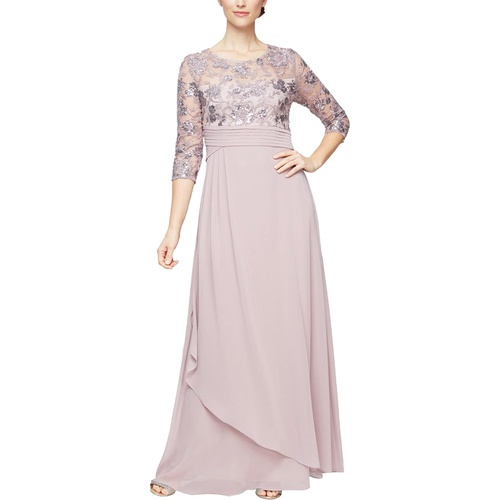  Alex Evenings Long A-Line Dress with Embroidered Sequin Pleated Waist and Overlay Skirt