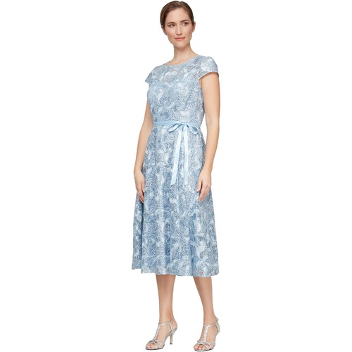  Alex Evenings Tea Length Cap Sleeve Dress with A-Line Skirt and Tie Belt